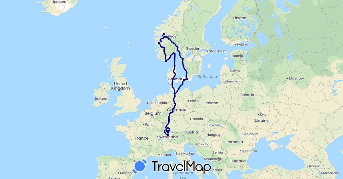 TravelMap itinerary: driving in Switzerland, Denmark, Norway, Sweden (Europe)